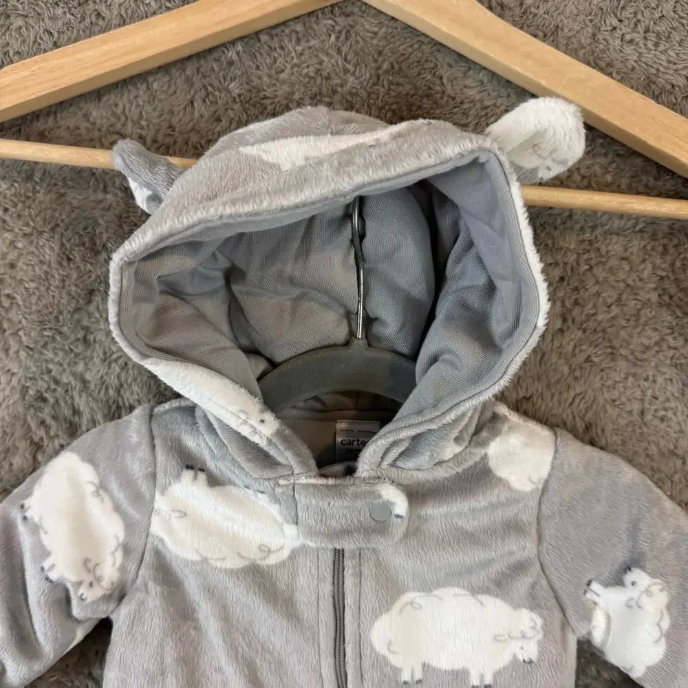 NWT Carters Plush Baby Bunting Snowsuit Warm Gray Cloud Print Boy Girl Newborn